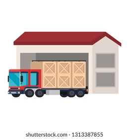 delivery truck with wooden boxes in warehouse