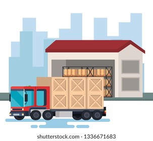 delivery truck with wooden boxes in warehouse