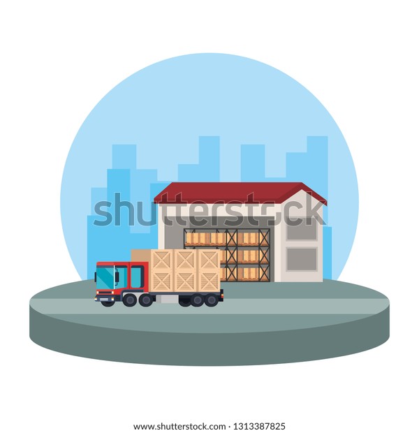 delivery truck with\
wooden boxes in\
warehouse