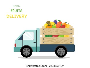 Delivery. Truck and wooden crate with fruits. Flat style. Vector illustration 