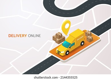Delivery trucks and delivery boxes Online delivery service on mobile phone screen on map background and road. isometric vector illustration