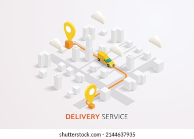 Delivery trucks and delivery boxes Online delivery service on map background and road. isometric vector illustration