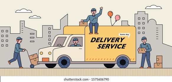 Delivery trucks and deliverymen. Urban background. Cute style  flat design style minimal vector illustration.