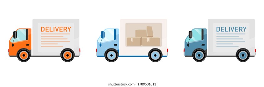 Delivery trucks flat color vector objects set. Goods shipping. Transport. Postal and food delivery service. Freight car isolated cartoon illustration for web graphic design and animation collection