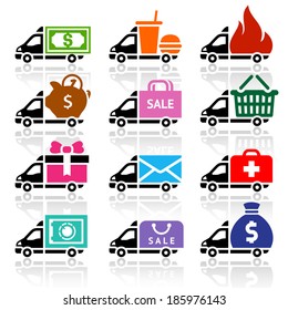Delivery trucks, flat icons set. Vector illustration