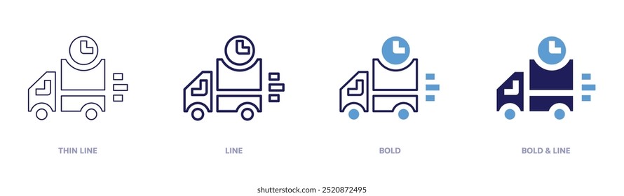 Entrega ícone de caminhões em 4 estilos diferentes. Linha fina, Linha, Negrito e Linha Negrito. Estilo duotônico. Traçado editável.