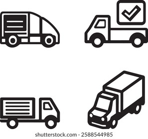 Delivery Trucks Icon Set, Black and White Vector Illustration