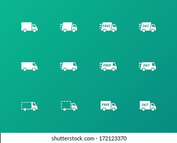 Delivery Trucks icons on green background. Vector illustration.