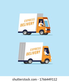 Delivery trucks with men carrying parcels. Vector illustration.
