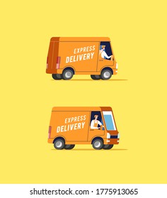 Delivery trucks with men carrying parcels. Vector illustration.