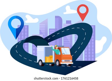 Delivery trucks with men drive package trucks to the location. online maps  tracking  package services  vector flat illustration design