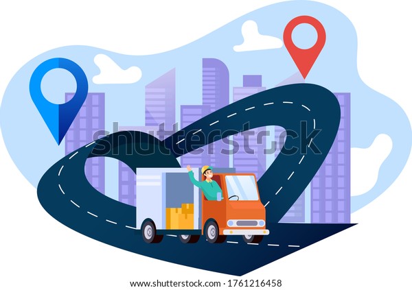 Delivery trucks with men drive package trucks to\
the location. online maps  tracking  package services  vector flat\
illustration design