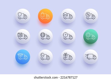 Icono de juego de camiones de entrega. Protección de paquetes, bolso, carta, envío gratuito, fecha, calendario, mundo entero, reloj, hora, equipo, caja, destino, regalo. Concepto de logística. Estilo neomorfista. Icono de línea de vector