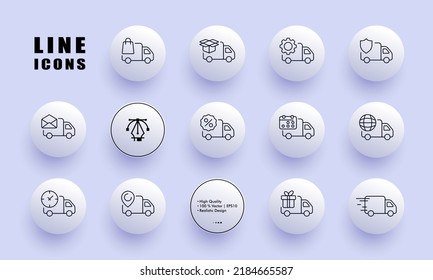 Delivery trucks with website buttons set icon. Package, locks, gear, shield, letter, discount, calendar, worldwide, pointer, clock, gift. Logistics concept. Neomorphism. Vector line icon for Business.