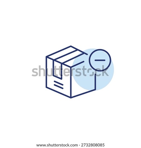 Delivery unavailable. Parcel box and minus. Shipment cancelled, return and negative feedback. Pixel perfect, editable stroke vector icon