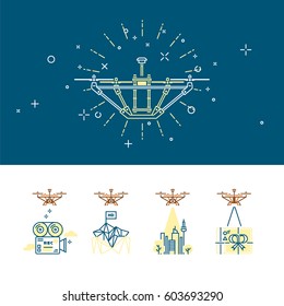 Delivery using quadrocopters. Driving quadrocopters design flat. Icons pack. Flat vector illustration