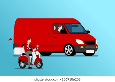 Delivery van and bike ready for going to fast express or deliver parcel, food, product to customer.