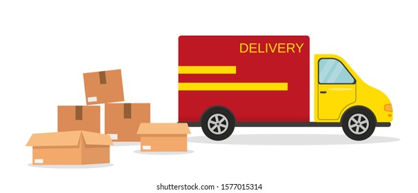 Delivery van and boxes. Fast delivery or moving concept. Vector illustration.