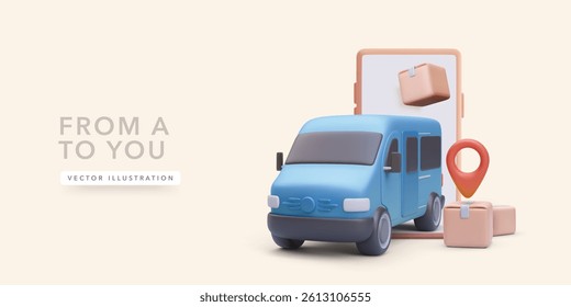 Delivery Van With Boxes, Location Pin, And Smartphone Screen Representing Mobile Courier Or Shipping Service In A Modern 3D Style. Ideal For Apps, Web, And Marketing. Vector Illustration.