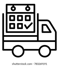 Delivery van with calendar showing the concept of delivery date or delivery scheduling, line vector icon