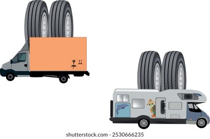 Delivery van and a camper with new spare tires mounted on the back are ready for a road trip