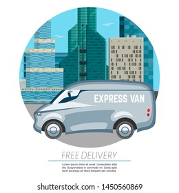 Delivery van car - fast and free vector illustration. Van with free deliver service on cityscape background. Can use for poster, web page.