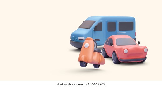 Furgoneta de entrega, coche y scooter en 3d estilo realista aislado en fondo claro. Ilustración vectorial