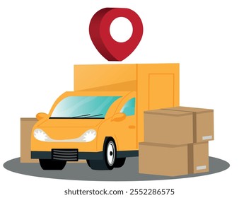 Furgoneta de entrega y cajas de cartón aisladas en blanco. furgoneta de entrega con icono de ubicación de dibujos animados. Ilustración vectorial.
