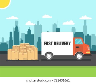 Delivery van with cardboard boxes on town background. Fast delivery concept. Vector illustration.