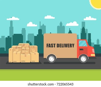 Delivery van with cardboard boxes on town background. Fast delivery concept. Vector illustration.