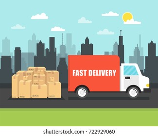 Van de entrega con cajas de cartón en el fondo del pueblo.Concepto de entrega rápida. Ilustración vectorial.