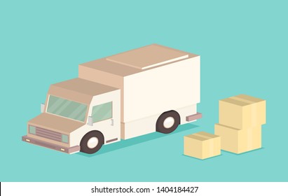Delivery van and cardboard packaging isometric icon. Vector illustration