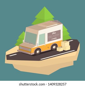 Delivery van and cardboard packaging isometric icon. Vector illustration