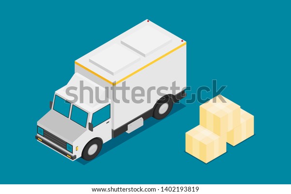 Delivery van and cardboard packaging\
isometric icon. Vector\
illustration