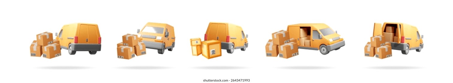 Vagão de entrega com conjunto de caixa de pacote de papelão. Conceito de transporte do serviço de remessa expresso. Veículo de correio logístico para transporte de correio global.