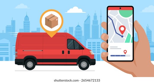 Delivery van carrying a parcel and delivery package tracker app on smartphone: delivery service and technology concept