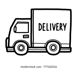 delivery van / cartoon vector and illustration, black and white, hand drawn, sketch style, isolated on white background.
