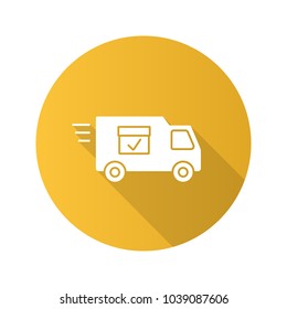 Delivery van with checkmark flat design long shadow glyph icon. Fast shipping. Freight transport. Vector silhouette illustration