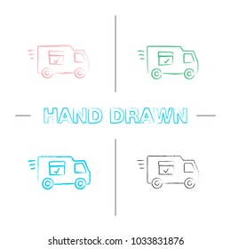 Delivery van with checkmark hand drawn icons set. Fast shipping color brush stroke. Freight transport. Isolated vector sketchy illustrations