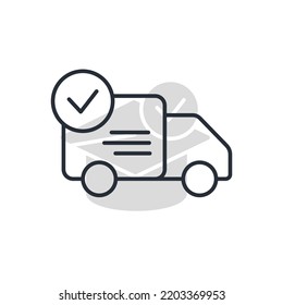 Camión de entrega con icono de línea de marca de verificación. Ilustración de elemento simple. Camión de entrega con diseño de símbolo de contorno de marca de verificación.