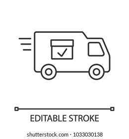 Delivery Van With Checkmark Linear Icon. Fast Shipping. Thin Line Illustration. Freight Transport. Contour Symbol. Vector Isolated Outline Drawing. Editable Stroke