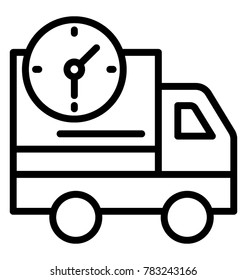a delivery van with clock symbolishing delivery time, line vector icon