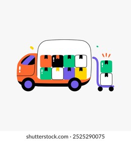 Furgoneta de la entrega con los paquetes coloridos en la Ilustración vectorial plana que simboliza la logística, el transporte, y los servicios de envío, aislados en fondo blanco