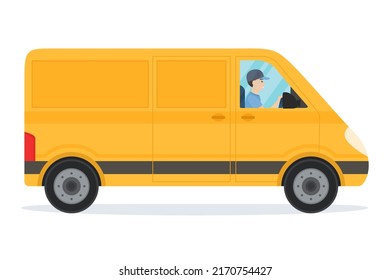 Delivery van with driver isolated on white background. Delivery service concept. Vector illustration 