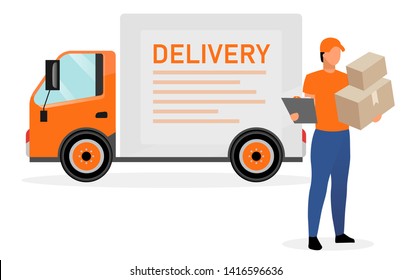 Delivery van driver with parcels flat character. Courier, postman, deliveryman holding cardboard boxes and order receipt isolated cartoon illustration on white background. Shipping service transport