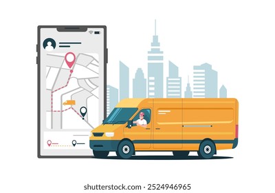 A delivery van with a driver showing the OK sign drives along a route. Online delivery service concept. Vector illustration.