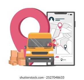 A delivery van with a driver showing the OK sign drives along a route. Online delivery service concept. Vector illustration.