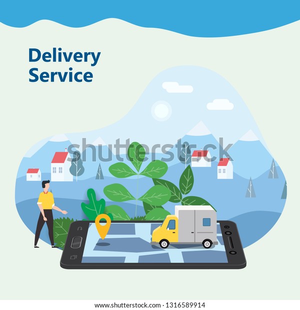 Delivery Van Express concept. Checking delivery\
service app on mobile phone online tracking. Fast Delivery truck on\
smartphone and city background. Vector illustration, isolated,\
baner, template
