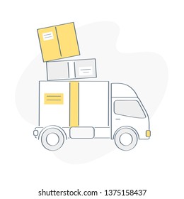 Delivery Van, Fast Service Truck, Moving House. Pile Cardboard Boxes On The Truck. Product Goods Shipping Transport, Relocate To New Home Or Office. Flat Outline Vector Illustration.