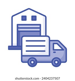 Delivery van front of warehouse showing concept icon of logistics delivery, order fulfillment vector design